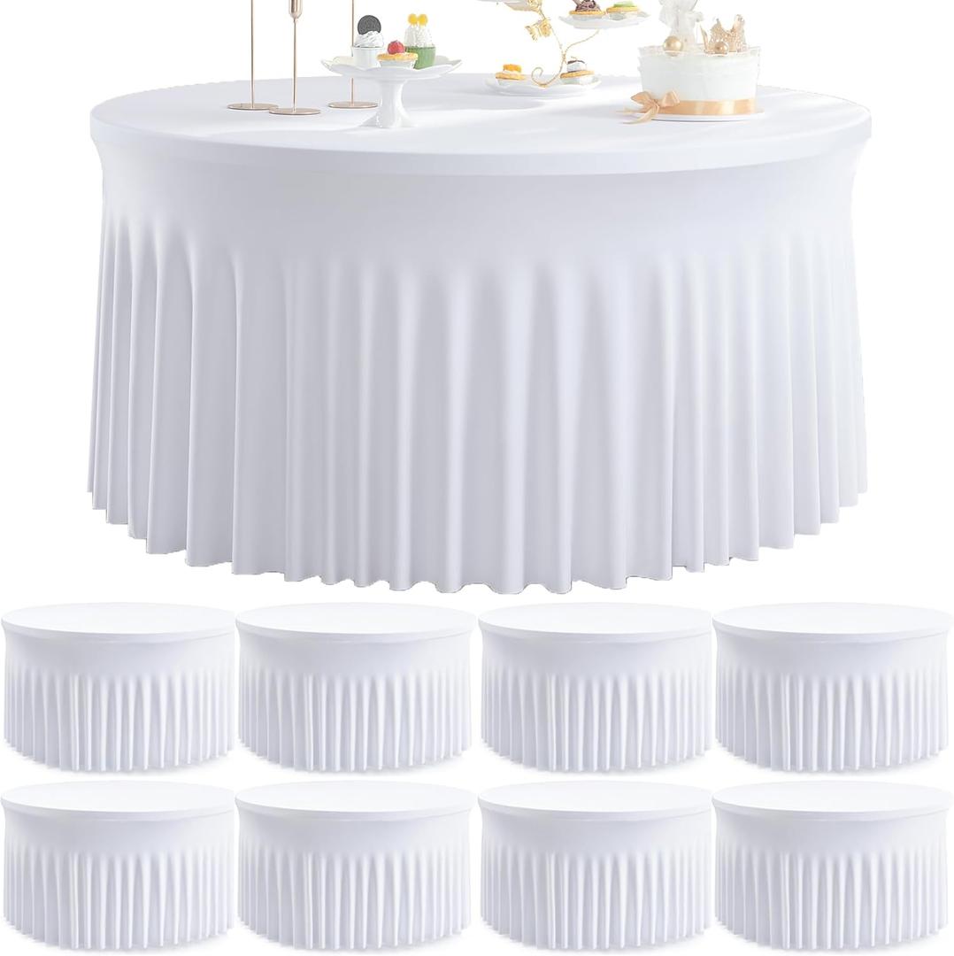 8 Pack White Round Spandex Tablecloth for 60 inch Table, Wrinkle Free Stretchy 120inch Fitted 5FT Round Table Cloths Cover with Skirt for Wedding Birthday Party Dining Banquet Thanksgiving Events