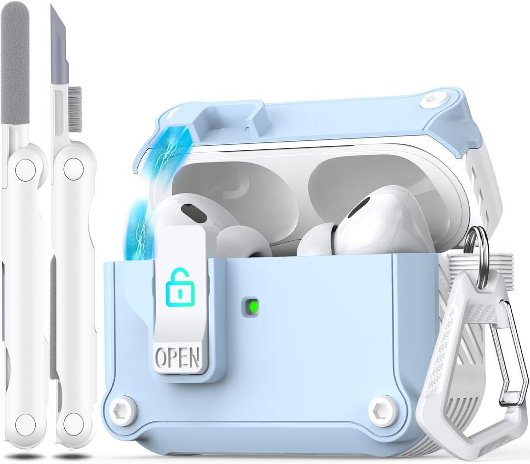 R-fun Compatible with AirPods Pro 2nd Generation 2023(USB-C),2022(Lightning Cable),1st Gen 2019 Charging Case, Full Drop Protection Auto Pop-Up Lid Design with Cleaner Kit,White/Sky Blue