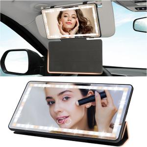 Car Sun Visor Vanity Mirror with Protective Cover, Rechargeable LED Visor Mirror with 3 Light Modes Touch Control, Universal Sun Visor Makeup Mirrors for Car SUV Truck