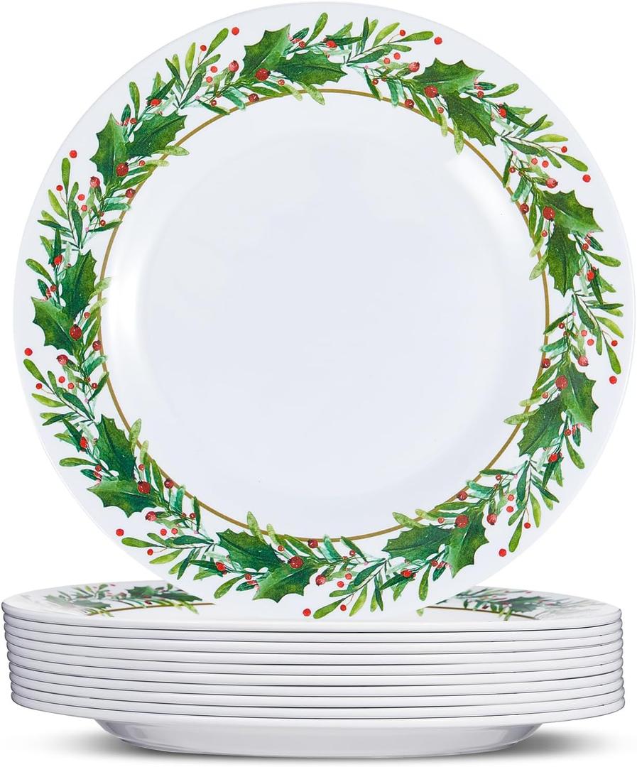 Layhit 10 Pcs Christmas Holly Melamine Dinner Plates - Holly Plates Holiday Dinnerware Party Dishes for Home Kitchen Picnic Party Event Supplies(8 Inch)