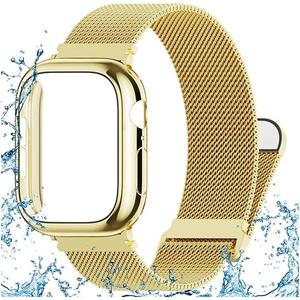 Waterproof Stainless Steel Milanese Band with Case Compatible for Apple Watch 38mm 40mm 41mm 42mm 44mm 45mm 46mm 49mm Women/Men,Magnetic Strap for iWatch Series 11 10 9 8 7 6 5 4 3 2 1 SE SE3 Ultra2/3 (Gold)