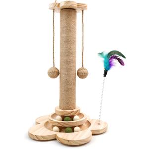 Cat Scratching Post, 4 in 1 Wooden Cat Scratcher Toy, 18.11" Tall Scratch Post with 2 Level Cat Track Balls, Interactive Feather Toy and 2 Sisal Hanging Balls for Indoor Kittens, Adult Cats