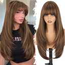 Long Brown Wig with Bangs, Brown Mixed Blonde Layered Realistic Wigs for Women, 4x4 Realistic Scalp, Free Parting Synthetic Natural Looking Wigs for Daily Party Cosplay Use 26Inch
