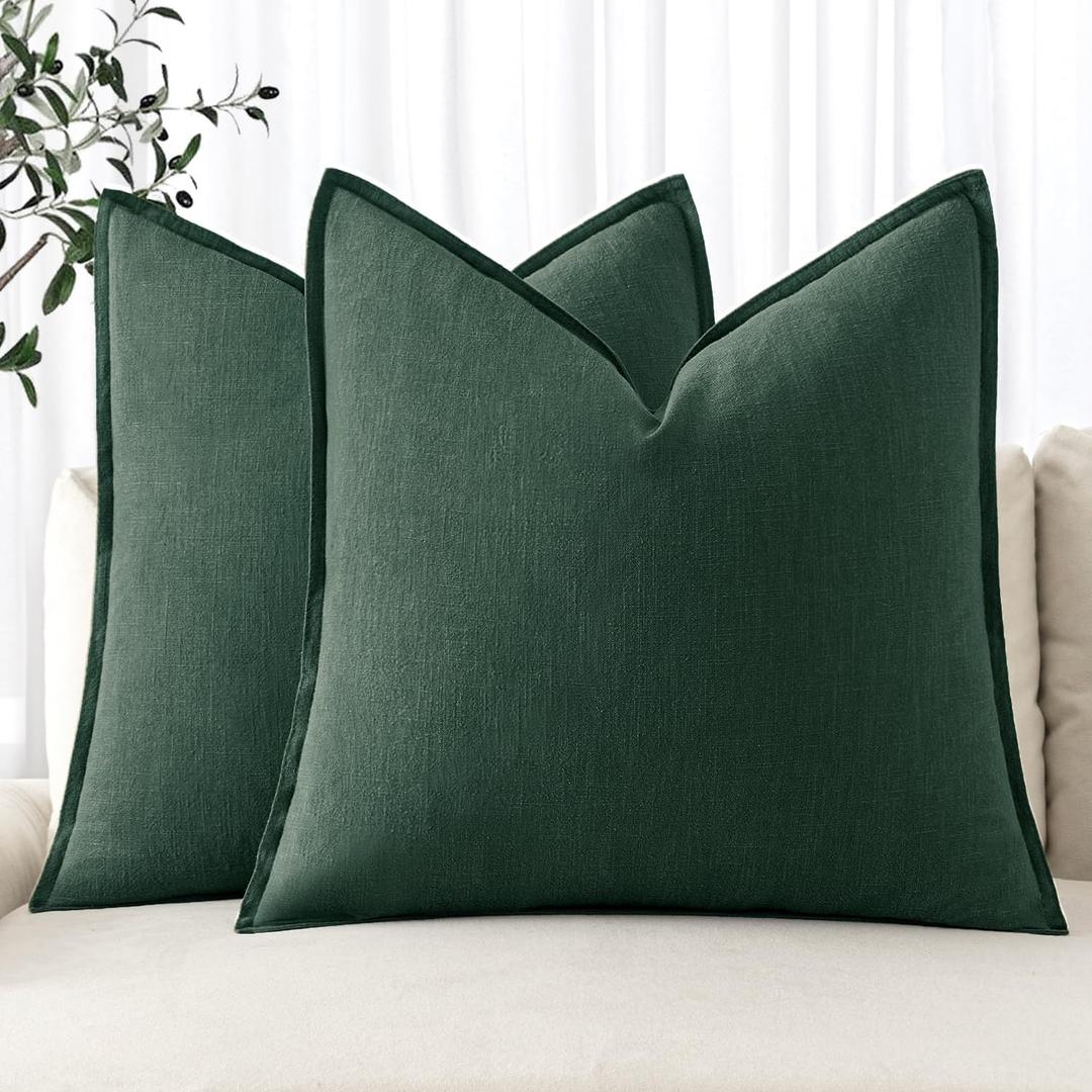 MIULEE Decorative Linen Pillow Covers 18x18 Inch Dark Green Boho Farmhouse Neutral Couch Throw Pillows for Bed Pack of 2 Accent Outdoor Pillowcase Modern Sofa Cushion Livingroom Home Decor (18" x 18" (Pack of 2))