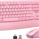 MEETION Wireless Keyboard and Mouse, Full-Sized Cordless Keyboard with Wrist Rest, 3 DPI Adjustable Mouse, Keyboard and Mouse Set with 2.4GHz USB Receiver, for PC/Computer/Laptop/Windows/Mac, Pink