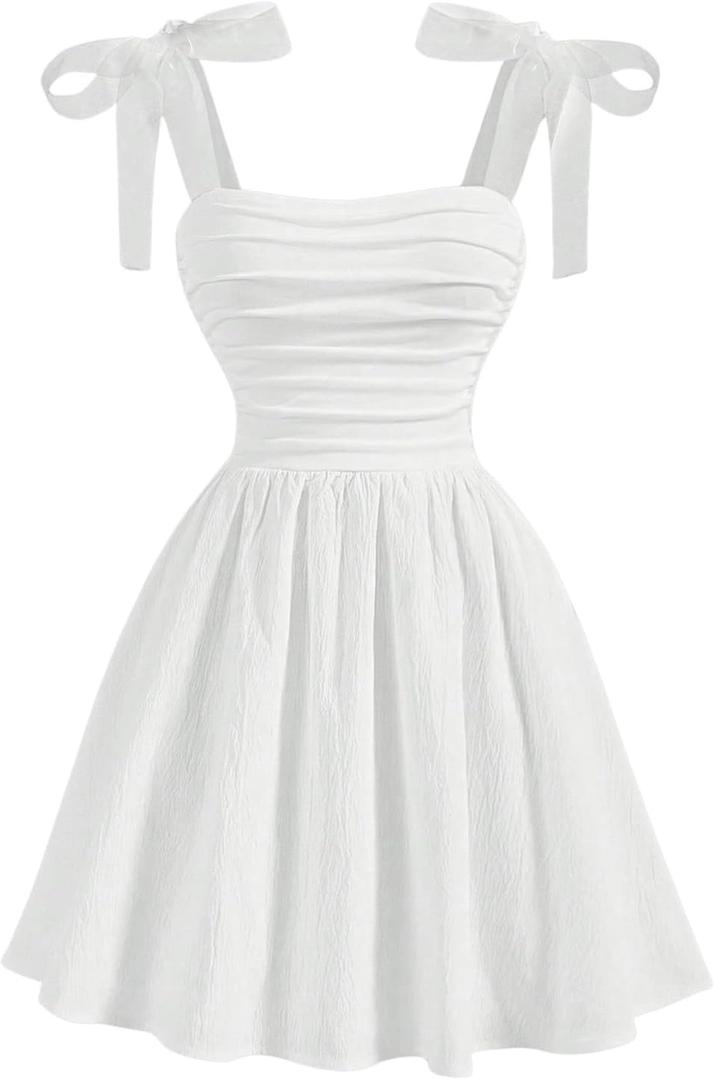 WDIRARA Girl's Smocked Ruched A Line Swing Dresses Tie Shoulder Cami Dress (White) 10Y