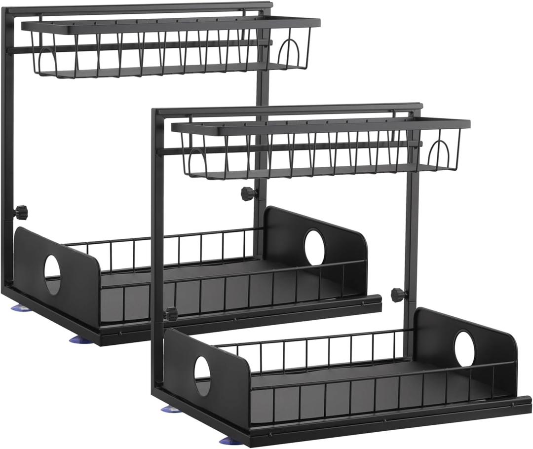 Tanice Under Sink Organizer, 2 Pack 2-Tiers Bathroom Cabinet Organizer, Slide Out Under Kitchen Sink Organizer, Under Sink Storage for Bathroom Kitchen, Black