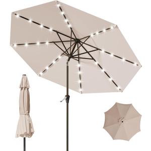 9FT Patio Umbrella with Solar Lights,Outdoor Market Umbrella with Tilt and Crank, LED Lighted Table Umbrella for Garden,Deck,Backyard,Pool,Beach (Beige)