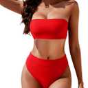 YACUN Women's High Waisted Bikini Swimsuit Two Piece Strapless Bandeau Cheeky Bathing Suits (Red) Small