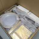 700 Pieces Gold Dinnerware Set - 100 Guests Clear Disposable Dinnerware Set for Party, Wedding, Include: 200 Clear Plates with Gold Trim, 100 Cups, 100 Napkins, 100 Plastic Silverware Sets