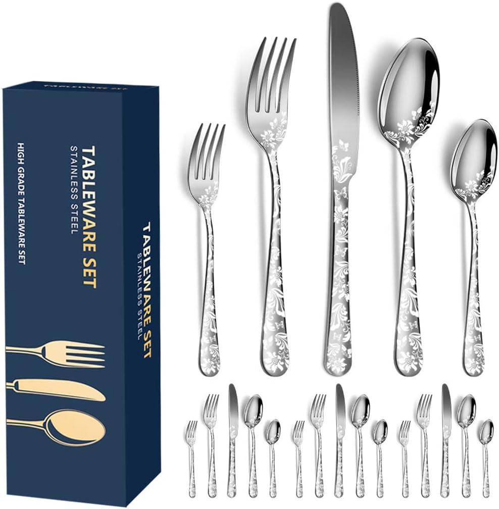 XIAOYU 20-Piece Flatware Set, Stainless Steel Silverware Cutlery Set for 4, Unique Pattern Design, Includes Dinner Knives/Forks/Spoons, Dishwasher Safe, Silver