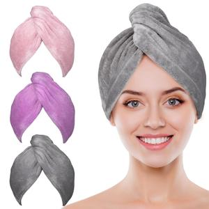 POPCHOSE Microfiber Hair Towel Wrap, 3 Pack Fast Drying Hair Turban, Stocking Stuffers for Women, Soft Ultra Absorbent, No Frizz Hair Wrap Towels for Women Wet Hair, Curly, Longer, Thicker Hair (Grey + Pink + Purple 3 Packs)