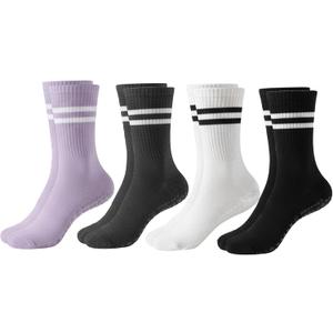 Women's-Pilates-Socks with Non-Slip Grips,Yoga Barre Socks for Gym, 4 Pairs Sticky Crew Athletic Socks