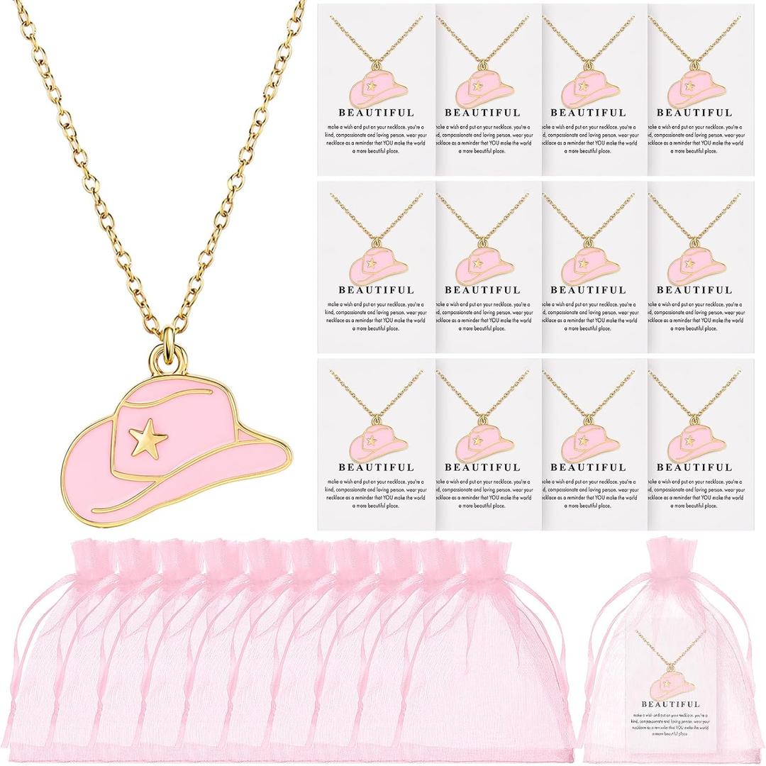 Tondiamo 12 Set Cowgirl Party Favors Cowgirl Hat Necklace Western Necklace for Women Galentine Jewelry Gift Bulk with Card and Bags