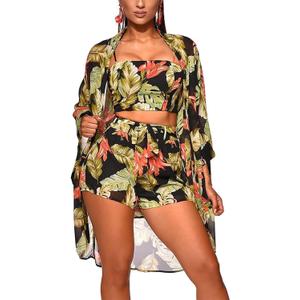 KEYUFANG Women 3 Piece Vocation Outfits Summer Suit Floral Kimono Cardigans Beach Cover Up Crop Cami Top Short Set (X-Large, )