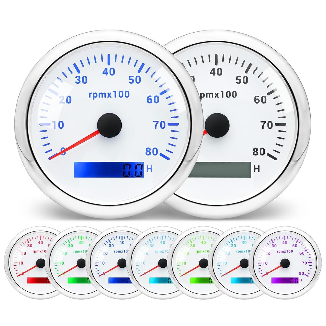 MH Tachometer 3-3/8" 85mm 8000RPM Tach Boat RPM Gauge 7 Color Waterproof for AUTO Car Truck MarineWhite