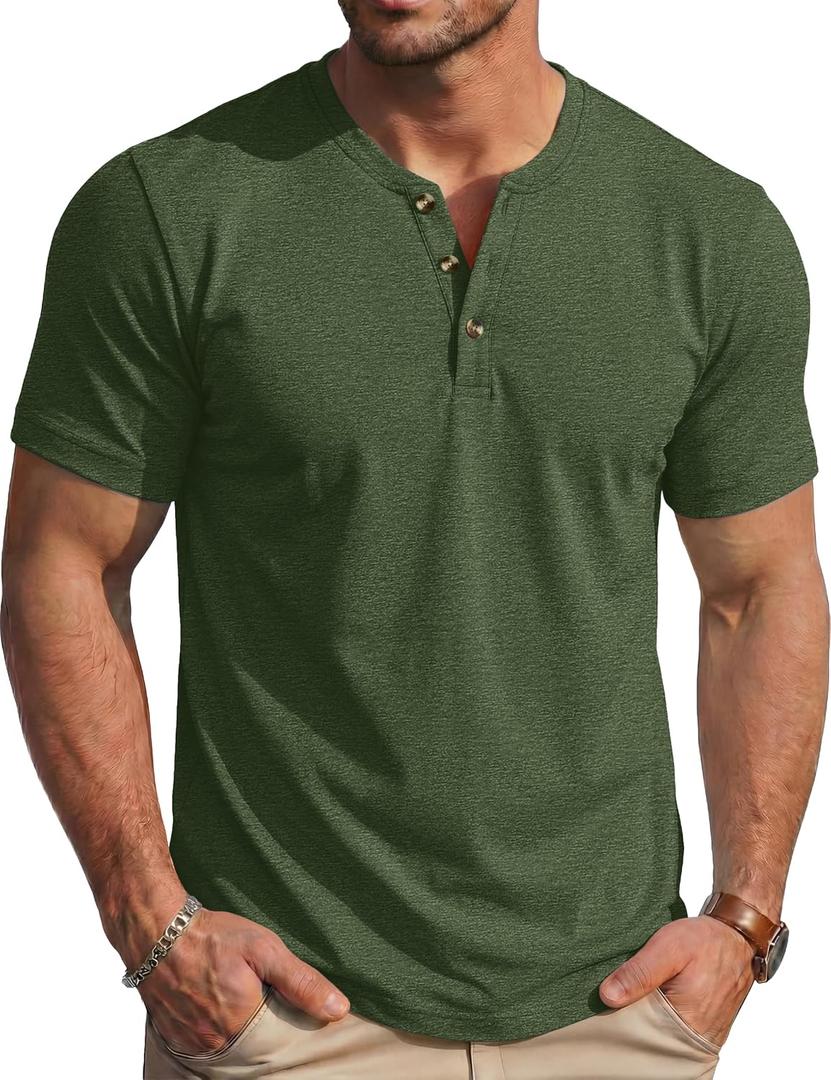 MAGCOMSEN Men's Henley Short Sleeve Shirt Moisture Wicking Lightweight Cotton T-Shirts Casual Summer Basic Tee Shirt (Green, L)