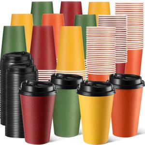 Teenyyou 200 Pack 12 oz Fall Disposable Coffee Cups with Lids Bulk Autumn Paper Orange Color Drinking Thanksgiving Party Insulated Cups for Hot Cold Drinks Travel Party Supplies