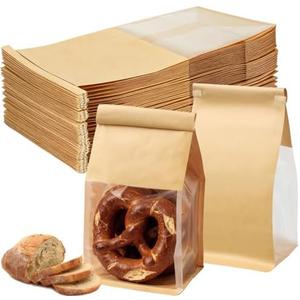 100PCS Bread Bags for Homemade Sourdough Bakery Cookie Kraft Paper Bag 5.1 x 4.13 x 11 Inch Tin Tie Tab Lock Loaf Treat Bag with Window for Bakery Cafe Homemade Breads Packaging