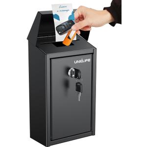 Uniclife Black Metal Donation Box Wall Mounted Mailbox with Top Slot, Collection Box with Key Lock, Safe Suggestion Box, Key Drop Box for Outside, Steel Cash Drop Box for Home Office and Business