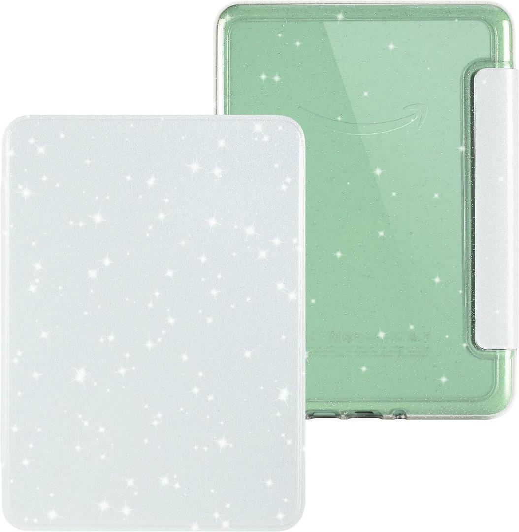 Giltter Case for 6.8" Kindle Paperwhite 11th Generation 2021 and 6.8" Kindle Paperwhite Signature Edition, PU Leather Cover, Transparent Hard Back Shell with Auto Sleep/Wake,Glitter White