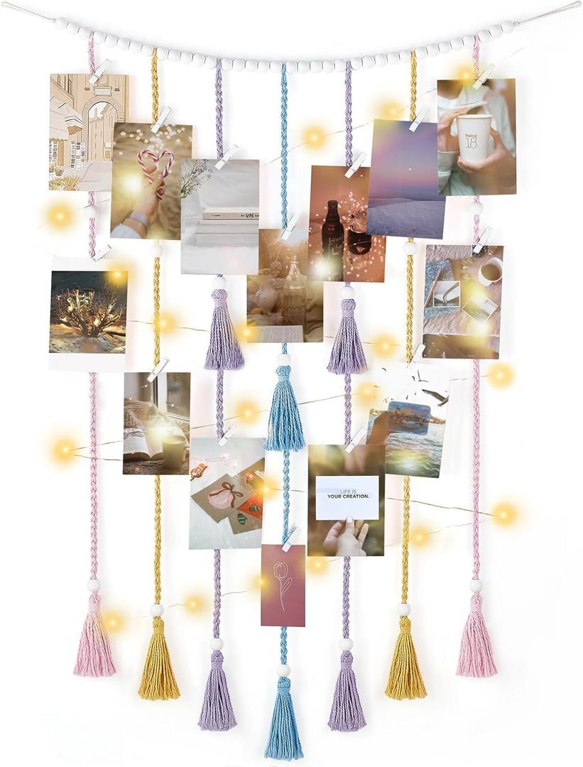 Mkono Macrame Hanging Photo Display Wall Decor with String Lights Boho Room Bedroom Wooden Beads Garland Picture Greeting Cards Holder with 30 Clips (Medium, Multi Color)