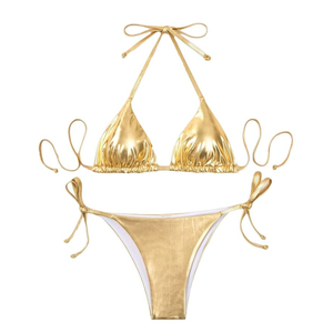 Women's Metallic Shiny Bathing Suit High Waisted Triangle Tie Side Swimsuit Bikini Set XXL, Gold