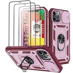 for iPhone 12 Pro Max Case with 3 Pcs Tempered Glass Screen Protector Built in Ring Stand Kickstand + Camera Cover, Hard PC Soft TPU Defender Full Body Protective Armor Case Cover 6.7" - Burgundy