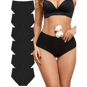 FINETOO Cotton Underwear for Women High Waisted Ribbed Full Coverage Briefs Soft Breathable Moisture Wicking Panties 6 Pack (Black, M)