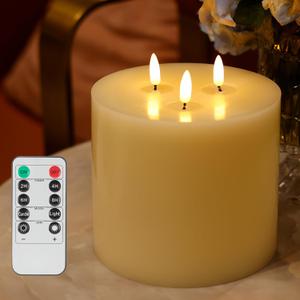 3 Wick Extra Large Flameless Candles, 6"x6" Flat Battery Operated Candles with Remote, Real Wax Led Candles with 3D Flickering, Fake Candle Flame for Home Decor (Ivory)