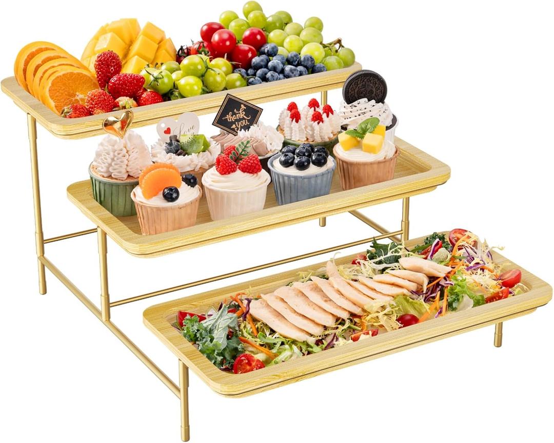 Lifewit 3 Tier Bamboo Serving Tray for Party Supplies, 14" x 6.5" Platters for Serving Food, Reusable Trays with Gold Metal Display Stand for Veggie, Fruit, Cookies, Dessert