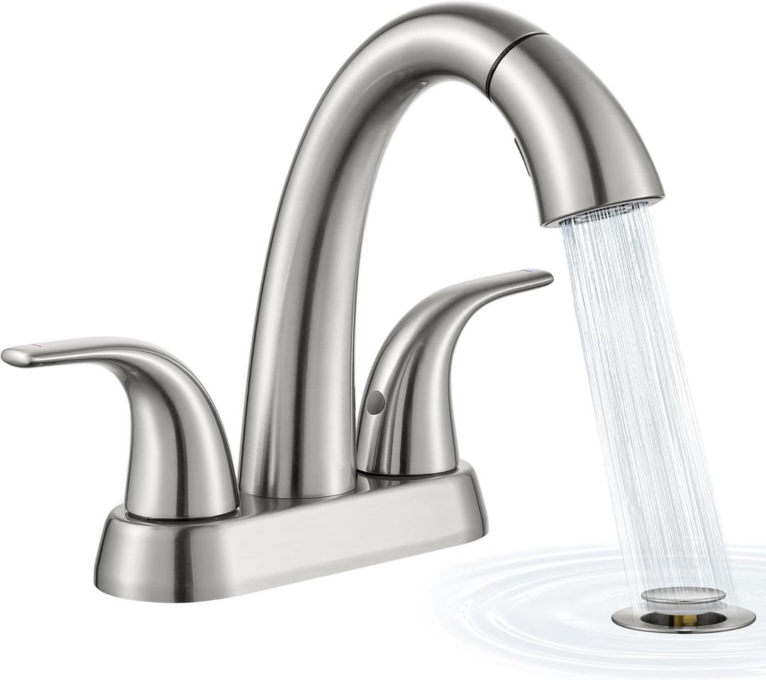 Ultimate Unicorn Brushed Nickel Bathroom Sink Faucet - 4 Inch Centerset Pull Down Vanity Faucets 3 Hole with Pop Up Drain - Two Handle Modern Washbasin Tap Set with Pull Out Sprayer for Rv Restroom