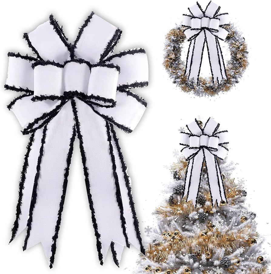 Christmas Wreath Bow Large White Halloween Tree Topper Bow, Burlap with Black Polyester Edge Gift Bow for Christmas Wedding Party Holiday Home Indoor Outdoor Decoration