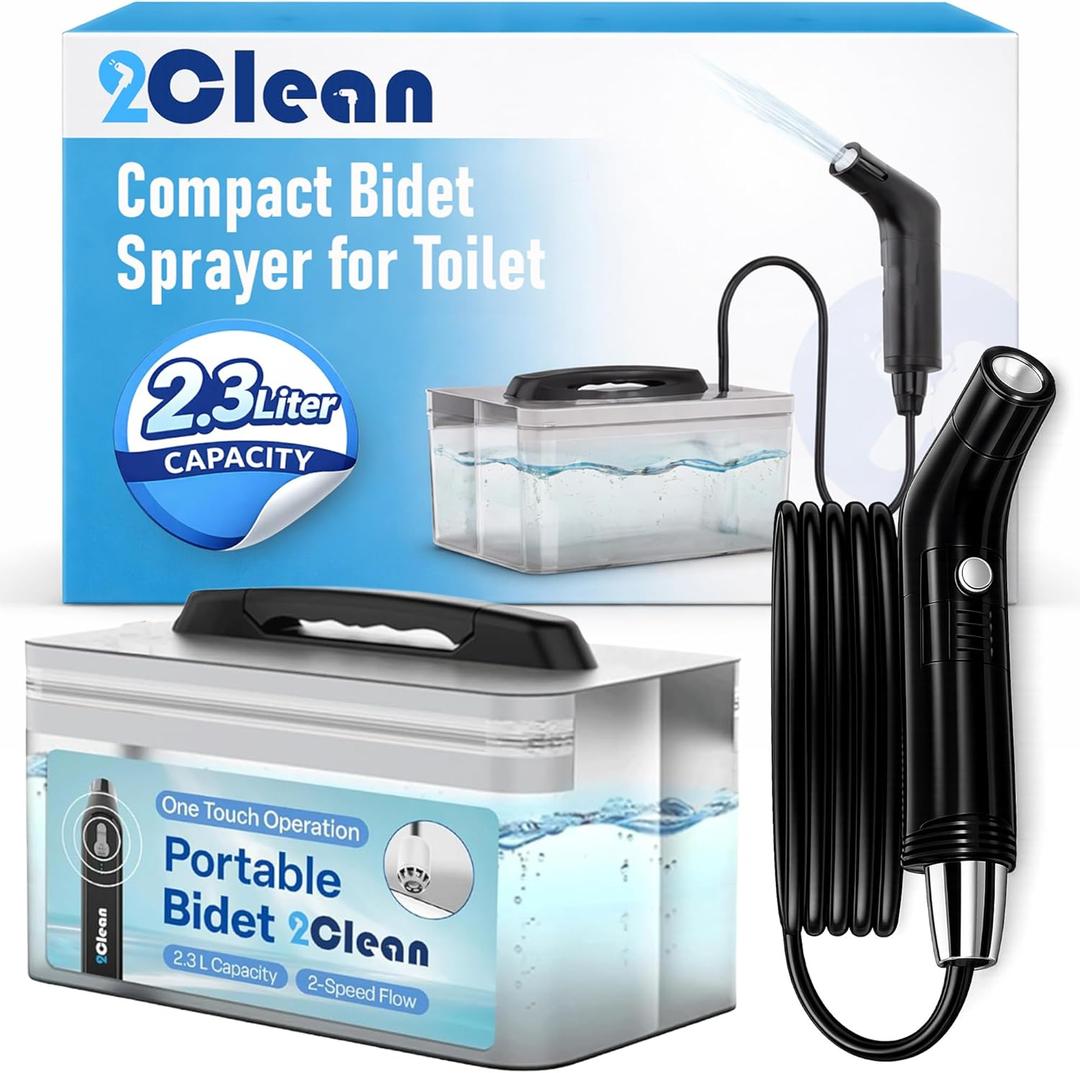 2Clean Portable Electric Travel Bidet - USB Rechargeable Bidet for Men and Women, Toilet Hygiene Solution with 2.3 Liter Container, Lightweight, Portable Device for Travel, Camping, Outdoor Living