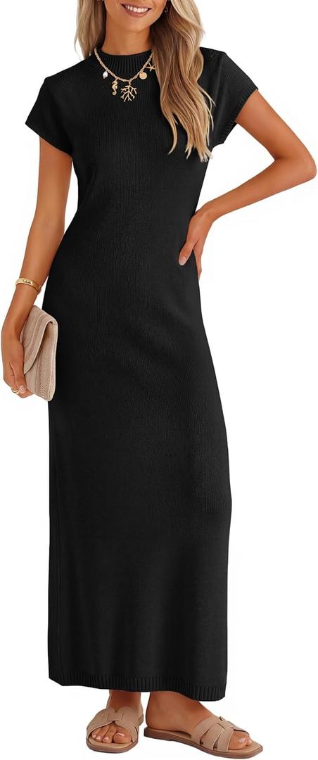 ZESICA Womens Spring Casual Bodycon Maxi Dress 2026 Summer Business Casual Short Sleeve Crewneck Knit Slit Vacation Dresses (Medium, Black)