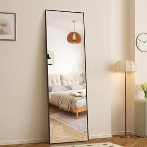 WIIS' IDEA Full Length Mirror with Stand,59"x16" Floor Mirror with Aluminum Alloy Thin Frame,Full Body Mirror for Livingroom Home Decor,Free Standing or Wall-Mounted,for Bedroom, Black