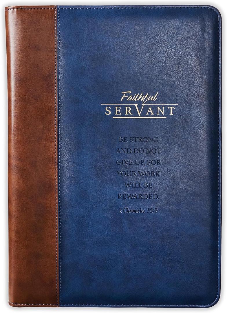 Christian Art Gifts Faithful Servant 2 Chronicles 15:7 Zippered Brown Faux Leather Padfolio/Portfolio Folder Notepad with Single Pen with Highlighter Tip for Notes