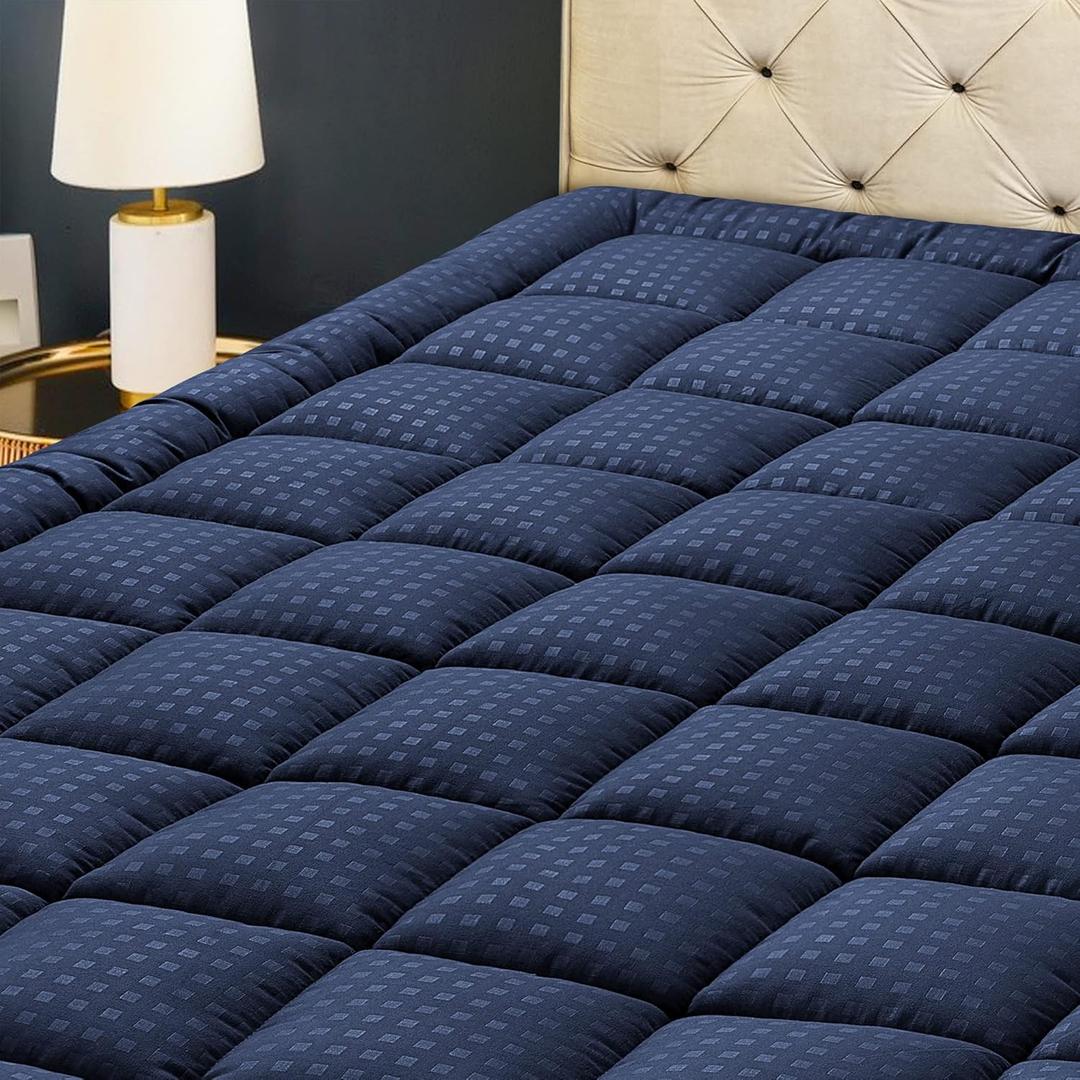 HYLEORY Queen Mattress Pad Quilted Fitted Mattress Protector Cooling Pillow Top Mattress Cover Breathable Fluffy Soft Mattress Topper with 8-21" Deep Pocket, Navy