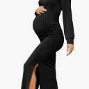 Women's Maternity Dress Long Sleeve Bodycon Split Maxi Dresses for Baby Shower 2025 Spring Pregnancy Clothes Medium Black