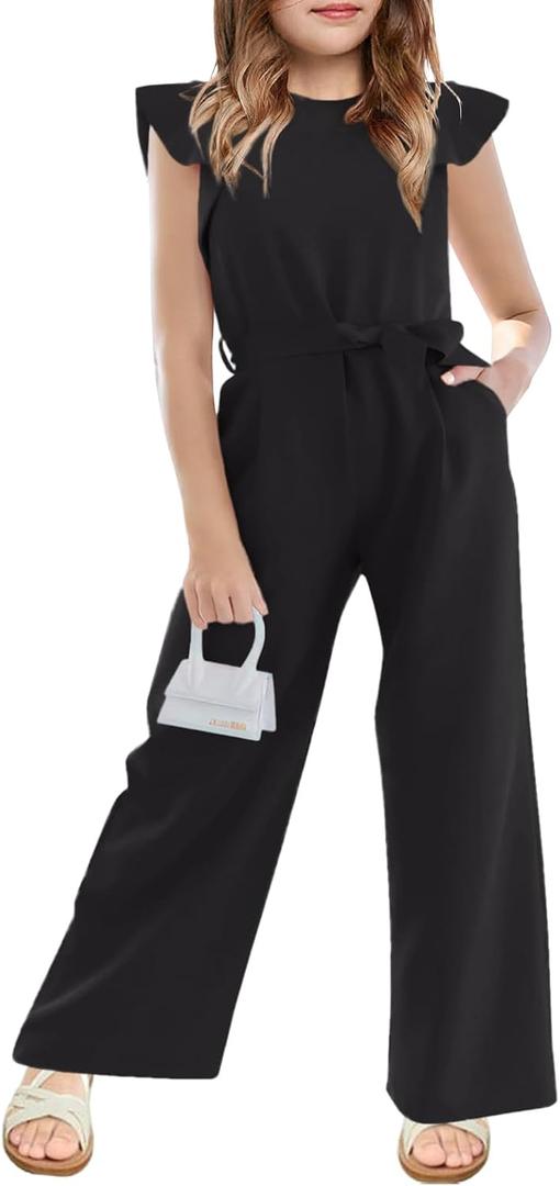 Haloumoning Girls Jumpsuit Kids Fashion Cap Sleeve Belted Wide Leg Romper One Piece Summer Outfits (13-14 Years, Black)