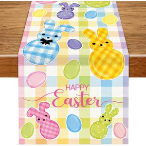 Happy Easter Table Runner 13x72 Inch Spring Plaid Bunny Easter Egg Table Decoration for Holiday Home Kitchen Dining Table Party Decor