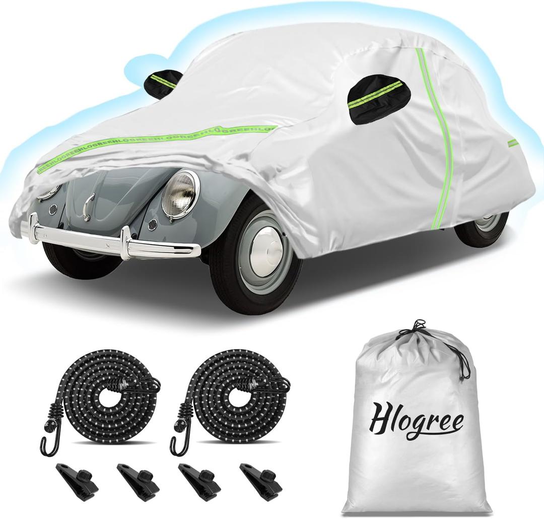 Car Cover for 1960-1980 Beetle Bug Sedan 2-Door,Full Exterior Car Covers for Automobiles All Weather Waterproof Heavy Duty,Zipper/Cotton Design Rain Snow Sun Winter UV Proof210T Taffeta- Silver (Silver Body & Black Ears)