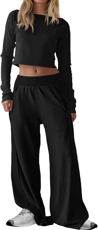 Fisoew Womens 2 Piece Sets Casual Off The Shoulder Long Sleeve Crop Tops Wide Leg Pants Tracksuit Lounge Travel Outfits L
