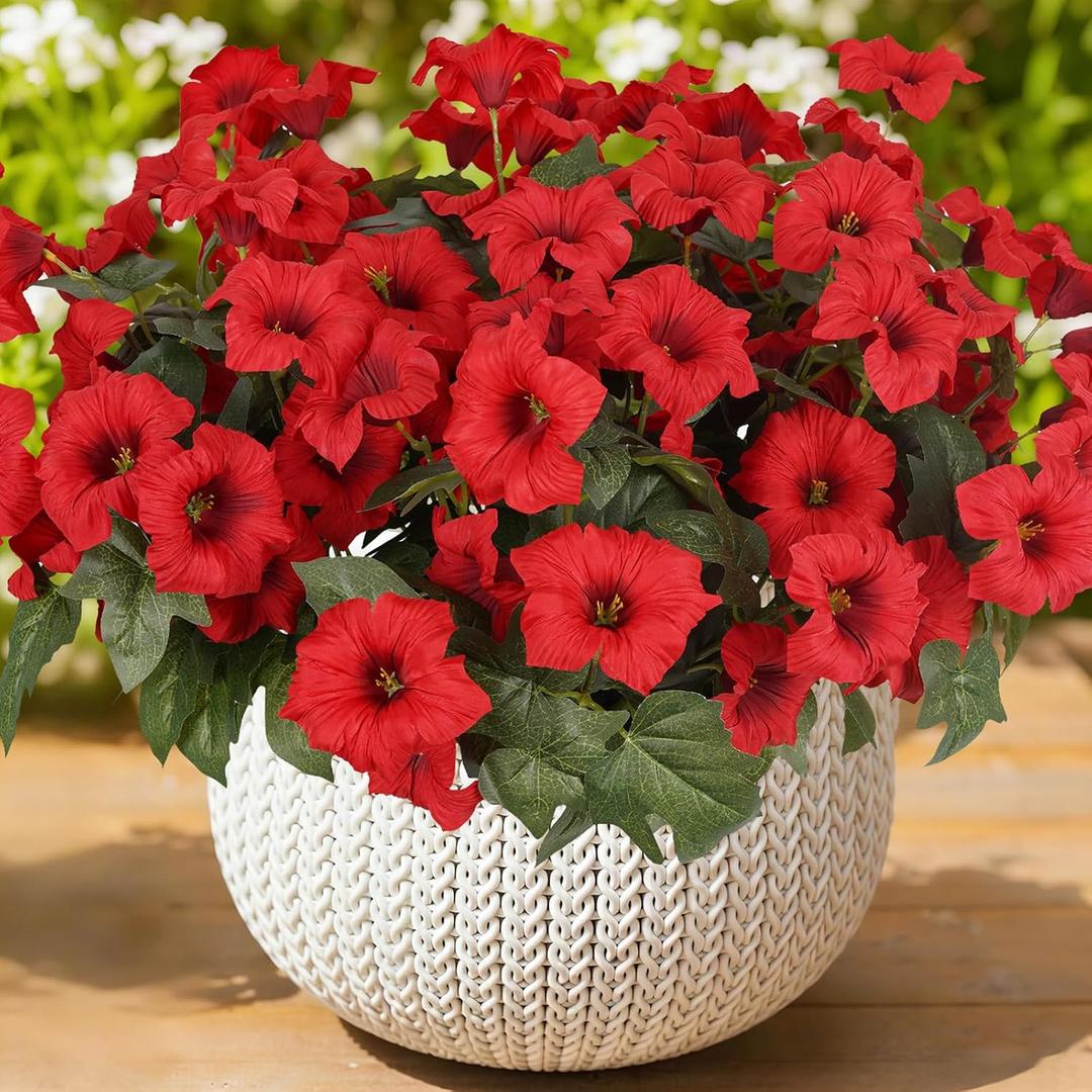 Artificial Flowers for Outdoors, Faux Petunias Spring Summer Decoration, Fake Flowers Plants UV Resistant Look Real Silk Flowers for Outside Planter Front Door Porch Patio Yard (6, Red)