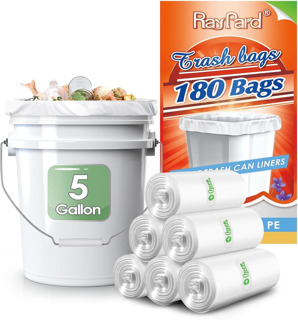 5 Gallon 180 Counts (fit 4.5-5.3 Gal) Small Strong Trash Bags Garbage Bags by RayPard, 18-20 Liter trash Bin Liners for Home Office Kitchen Bathroom Bedroom, 5 Gallon Bucket Liner, Clear