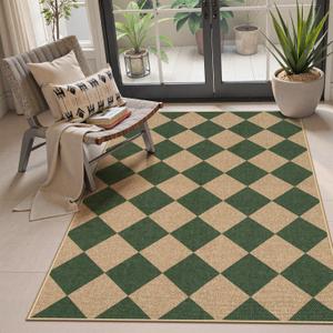 Lahome Colette Checkered Outdoor Patio Easy Jute Rug, 3x5 Dark Green Washable Front Porch Door Rug, Farmhouse Indoor Outdoor Carpet Non Slip Non Shedding Carpet for Entryway Living Room Deck (Deep Green/Nature-2)