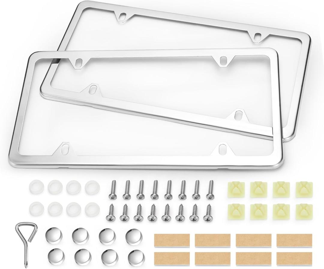 Ohuhu License Plate Frames, 2 Pcs 4 Holes Slim Stainless Steel Polish Mirror License Plate Frame + Chrome Screw Caps (Silver)