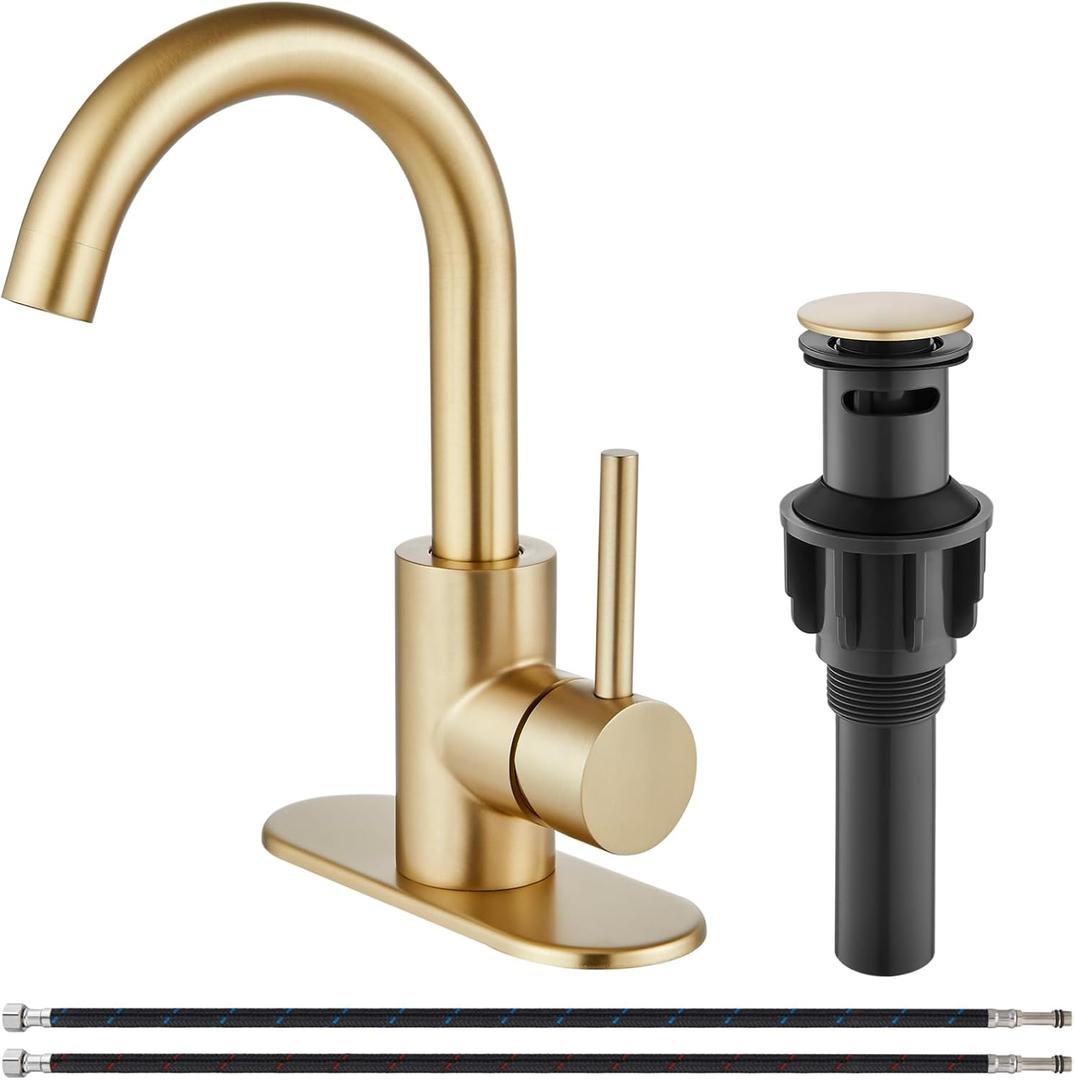Midanya Single Hole Bathroom Faucet 1 Hole Bar Sink Faucet Suitable for Kitchen RV Vanity,304 Stainless Steel 360 Swivel Spout with Deck Plate and Pop-up Drain,Brushed Gold