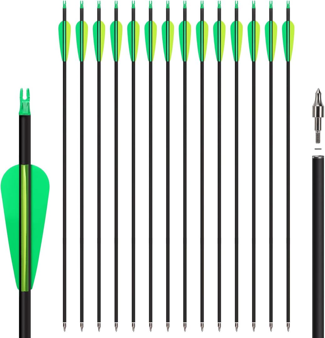 14 Pack 30" Archery Carbon Arrows,Practice Hunting Arrow with Removable Tips Shaft Spine 500 Suitable for Recurve Bows