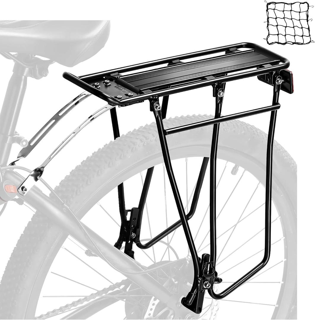 Rear Bike Rack with Extra Long Shelf's Arms, Universal Bike Cargo Rack, Bicycle Pannier Rack with Reflector and Cargo Net, Touring Carrier Rack fit 26-29 and 700c,BCR03